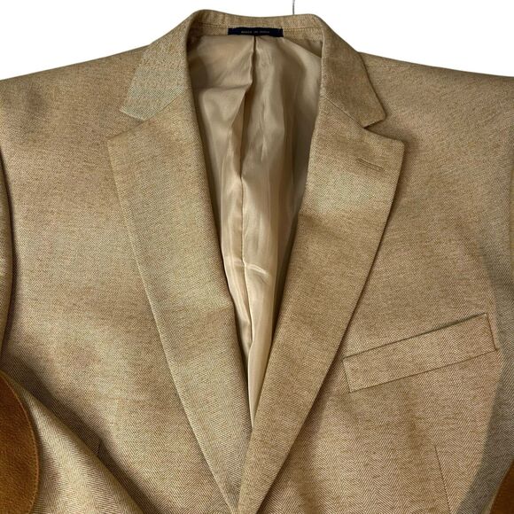 Club Room Herringbone Blazer Sport Coat Elbow Patch Mens 42R Tan Academia - Picture 2 of 13